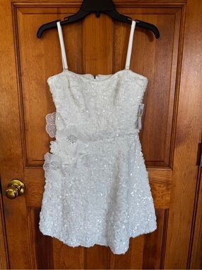 White Sequin Flower Appliqué Girls' Dress